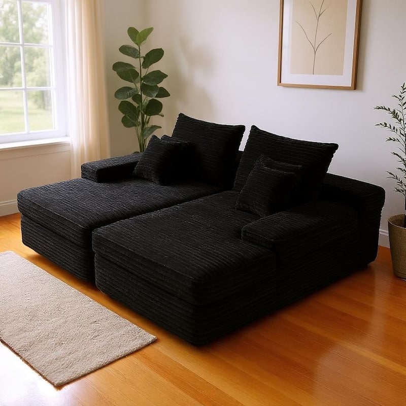 HomeRoots 82" Black Corduroy Modular Sofa Chaise And Toss Pillows - Black