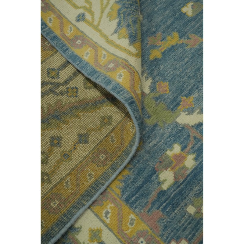 Floral Blue Oushak Vegetable Dye Area Rug, Floral Geometric Carpet - 9' 10'' X 8' 3''