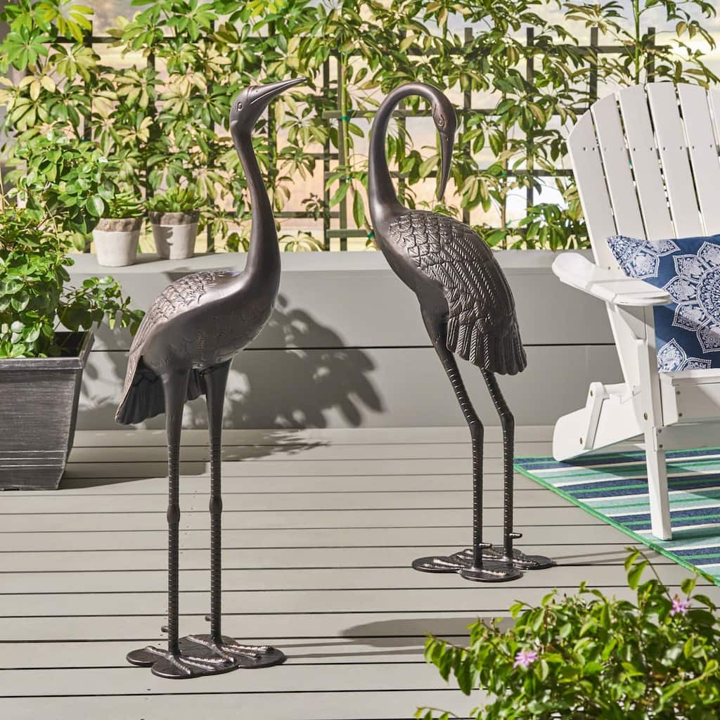 Roomfitters Outdoor Rust-Proof Cast Aluminum Crane Garden Statues, Set of 2 Hand-Crafted Bird Sculptures, Dark Bronze