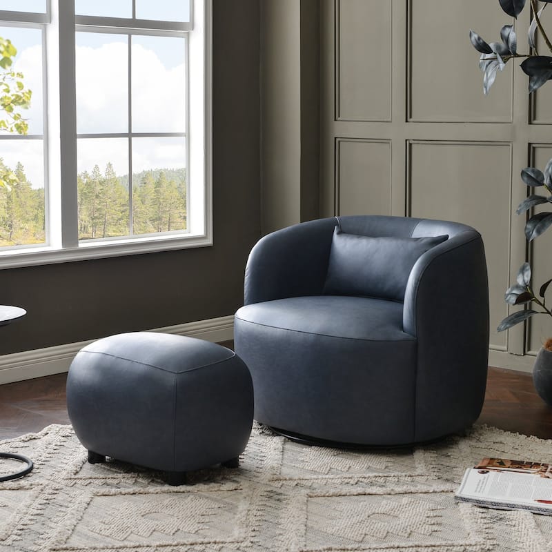 KINWELL 2-Piece Faux Leather Living Room Sets - 1 Swivel Accent Chair & 1 Ottoman Footrest - Navy