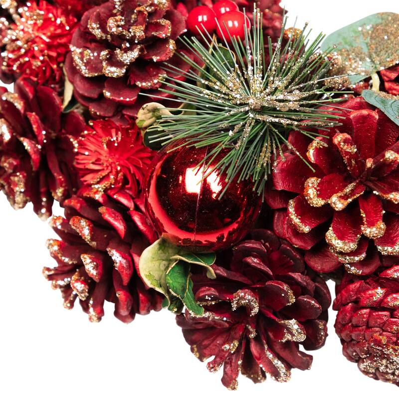 Pinecone, Berry and Ball Ornament Glittered Artificial Christmas Wreath - 13" - Unlit