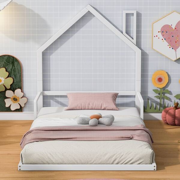 slide 2 of 9, Twin Metal Floor Bed Slats Support Bed Frame with House-shaped Headboard, Simple Metal Bed Frame for Boys Girls Kids Toddler White - Twin