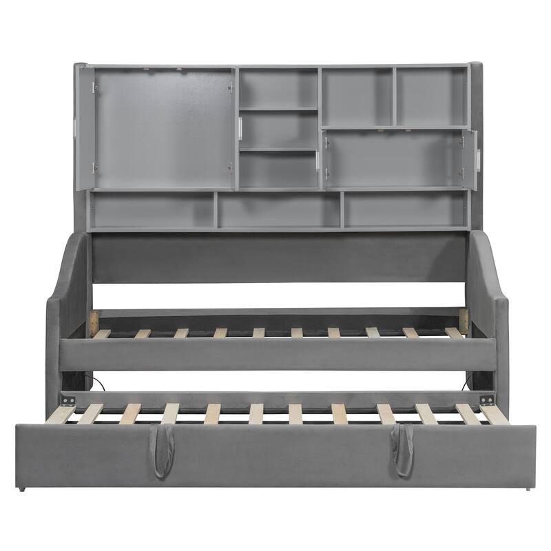 Twin Size Upholstered Platform Sofa Bed Frame, Modern Velvet LED Daybed with Pull Out and Lift Up Trundle, All-in-one Storage