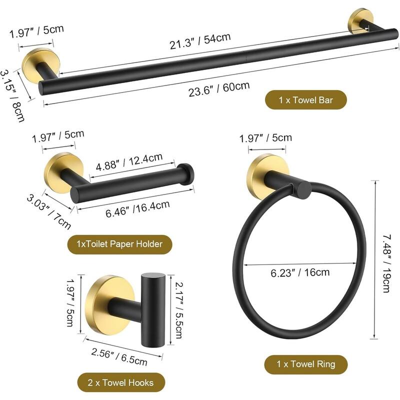 (Black&gold) 5-Piece Bathroom Hardware Set, 304 Brushed Stainless Steel, 24 Inch