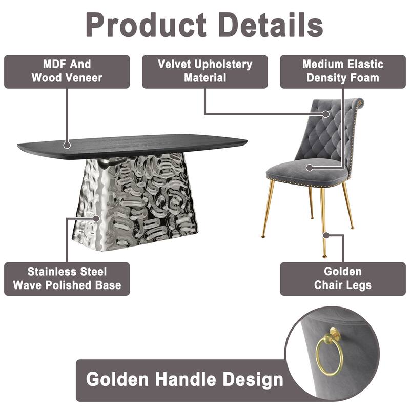 7-Piece Clihome Modern Stainless Steel Table Velvet Chair Dining Set