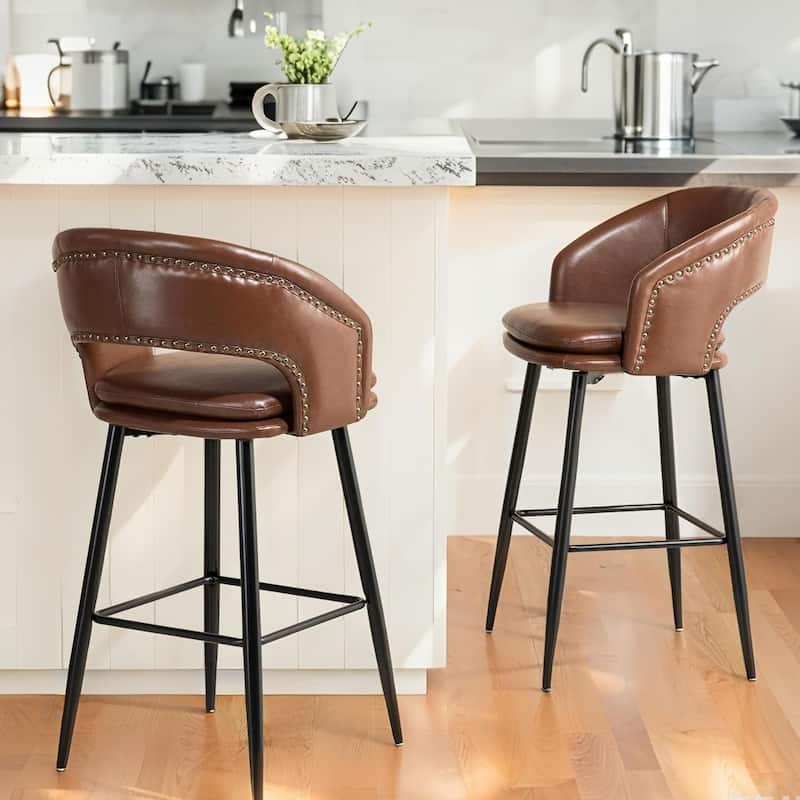 Glitzhome Set of 2 Mid-Century Modern 40.5"H Faux Leather Bar Stools with Nailhead Trim - Set of 2 - Brown