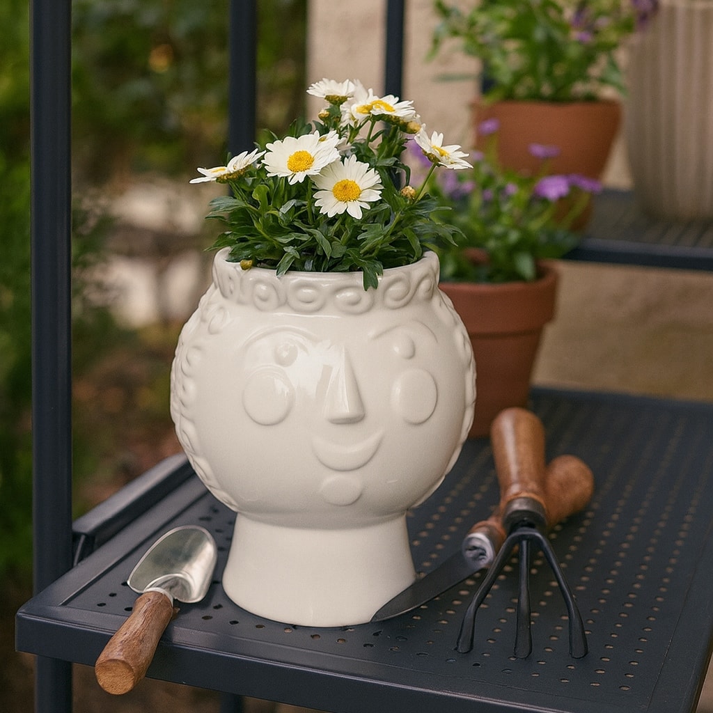 Ceramic Curly Haired Grandma Face Planter - White, 6 in.