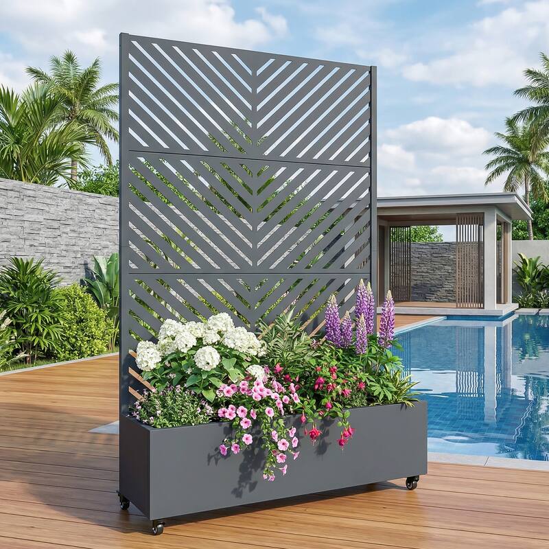 Raised Garden Bed Planter with Trellis Movable Planter Box with Lockable Wheels - 72*47 - Dark Grey