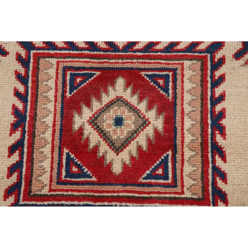 Ivory Geometric Kazak Oriental Accent Rug Hand-Knotted Wool Carpet - 3'7"x 5'0"