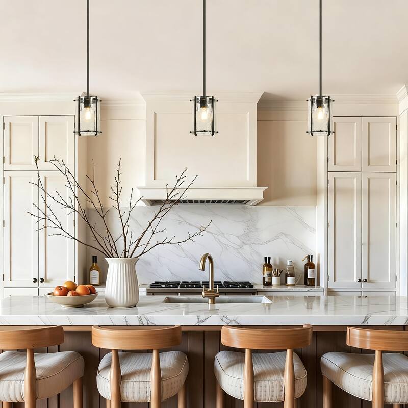 Modern Black 1-Light Pendant Light with Handmade Glass for Kitchen Island - Dia. 6.7" x H 9.1"