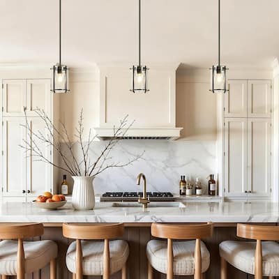 Modern Black 1-Light Pendant Light with Handmade Glass for Kitchen Island - Dia. 6.7" x H 9.1"