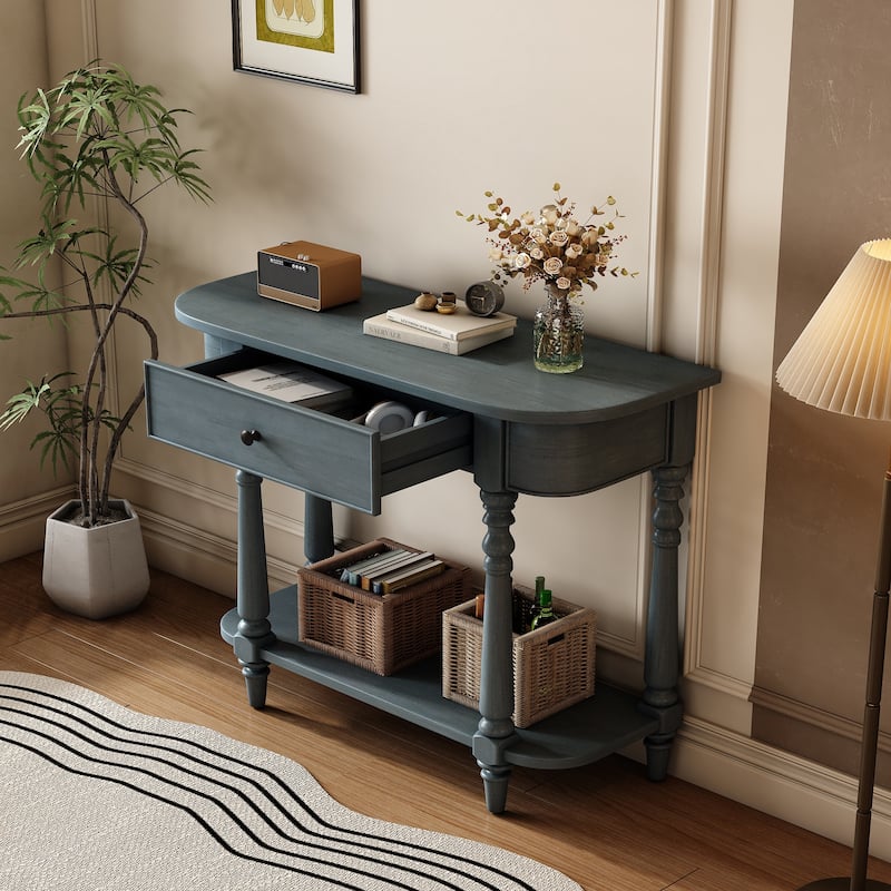 Narrow Console Table with Curved Corner, Retro Entryway Table with Top Drawer and Open Shelf