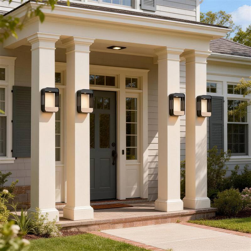 4 Pack Solar Rectangle Frame Integrated LED Sensor Outdoor Wall Light - Medium: 10.1" H x 6.6" W x 4.8" D - Black