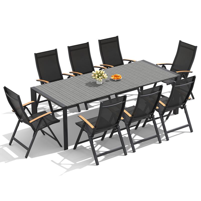 7/9/11-Piece Outdoor Patio Dining Set Aluminum Rectangular Dining Table and Adjustable Folding Chairs