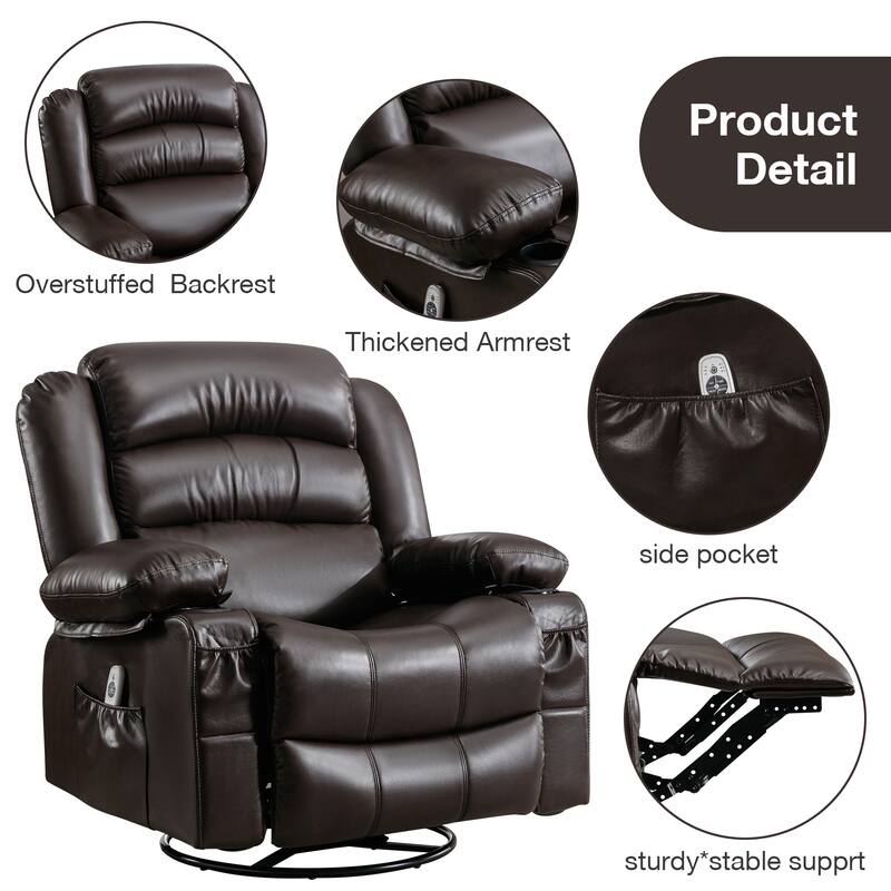 Black 360° Swivel Rocker Recliner with Vibration Massage, Heating, Side Pockets, USB Port, and Dual Cup Holders