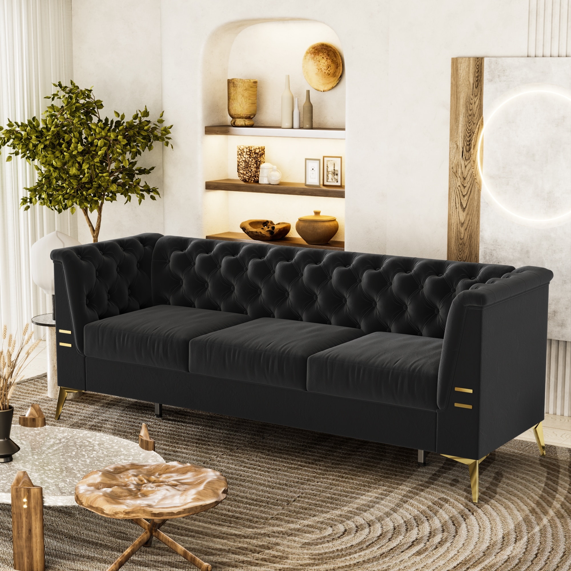 Velvet Button-Tufted Sofa 3 Seat Living Room Black Leisure Couch - Bed Bath & Beyond