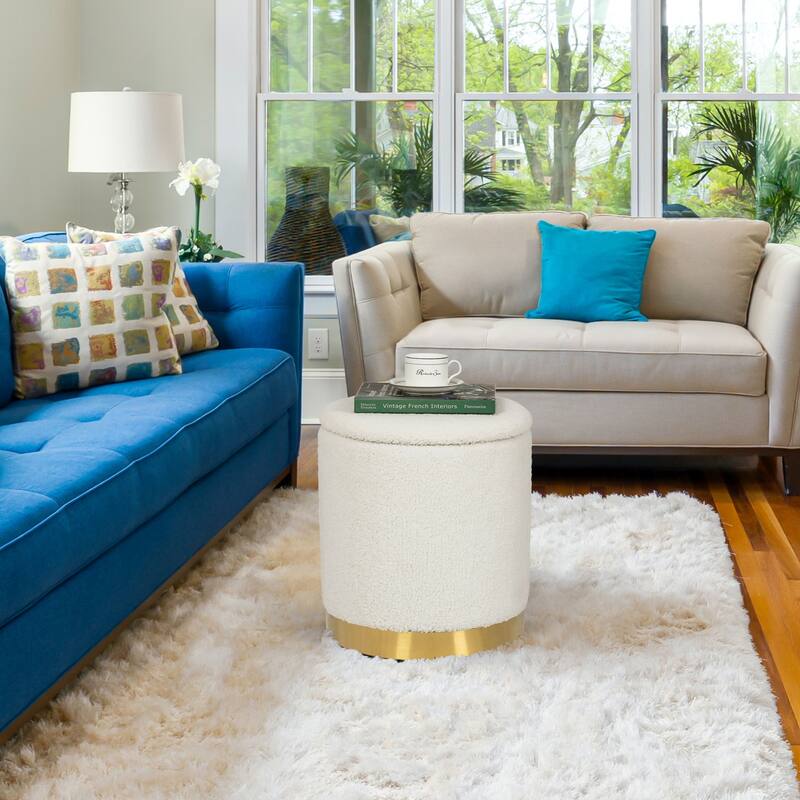 Adeco Velvet Round Storage Stool Gold Plating Base Storage Ottoman
