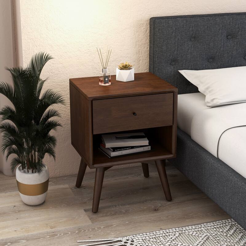 GDFStudio - Caroline Mid-Century Modern Nightstand with Solid Wood Frame & Single Storage Drawer - Brown