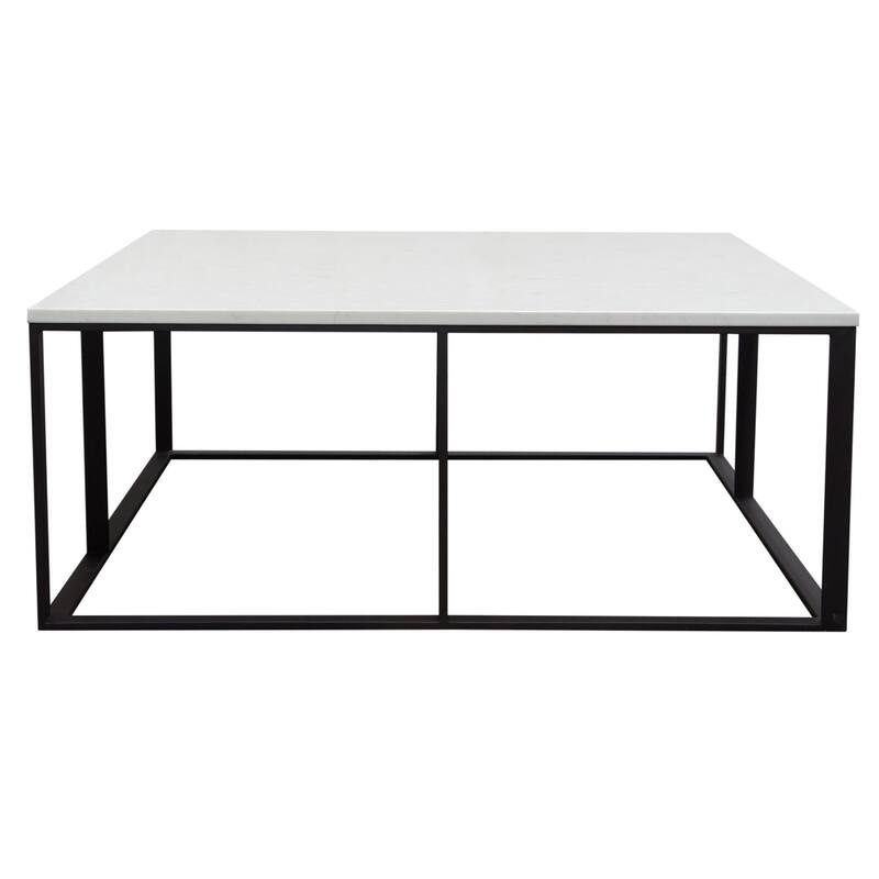 Lify Cocktail Coffee Table, Modern 39 Inch Square White Marble Top, Black Base