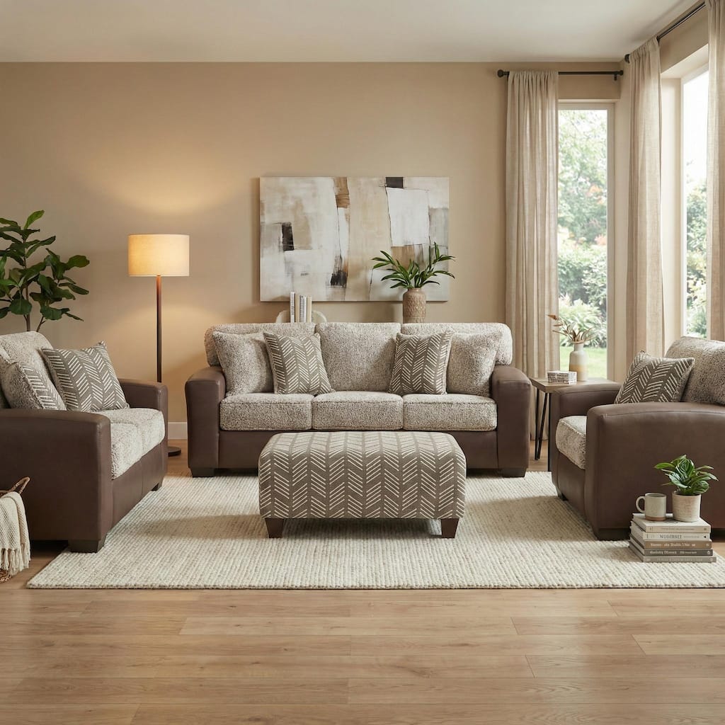 Roundhill Furniture Marvella 4-Piece Living Room Set, Chocolate Faux Leather Upholstery and Curly Shearling Cushions