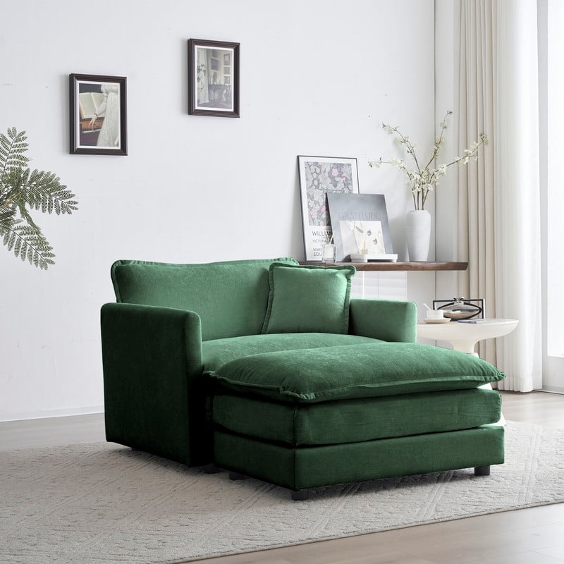 Modern Accent Chair with Ottoman, Living Room Club Chair Chenille Upholstered Armchair , Reading Chair for Bedroom - Chair + 1 Ottoman - Green