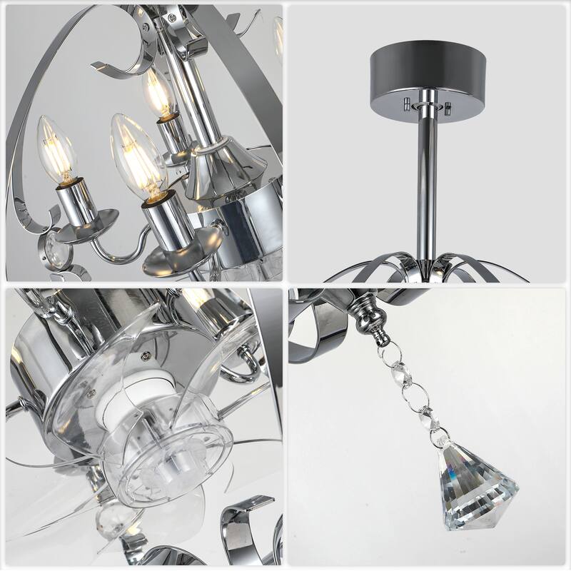 CurveCurio Elegant 20" Chrome Metal Frame Fanlight with Crystal Accents, 5 Lights, Quiet DC Motor for Modern Kitchens