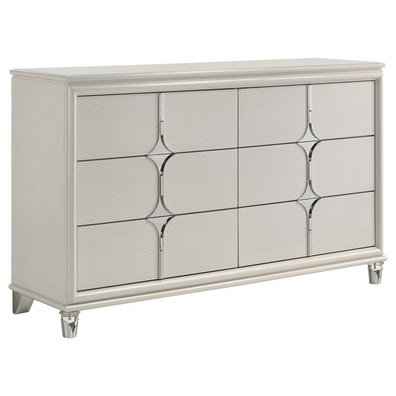 Ory Wide Dresser w 6 Drawers, Chrome Star Handle, Pearl Ivory Wood