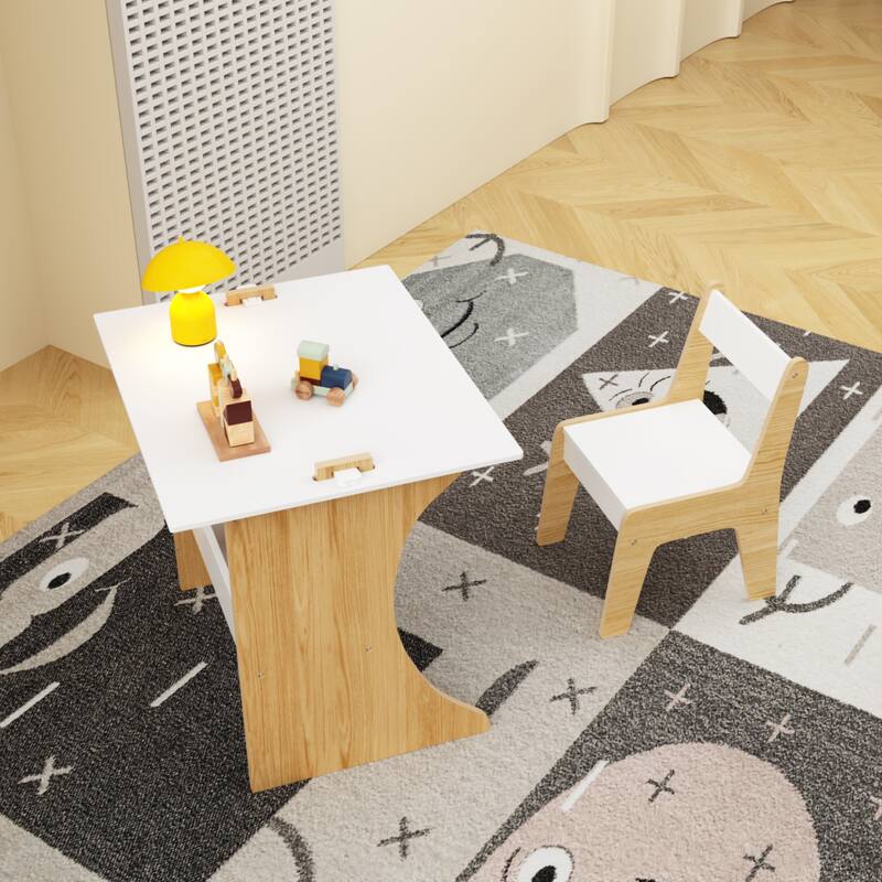 Kids Table Set (1 Chair), Multifunctional Solid Wood Desk - Convertible Top for Learn/Draw/Play, Natural Wood - 22*23*19