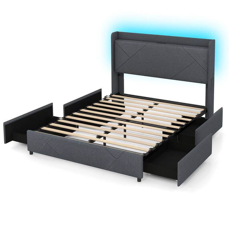 Gymax Bed Frame w/LED Lights Charging Station 2 Storage Pockets & 4