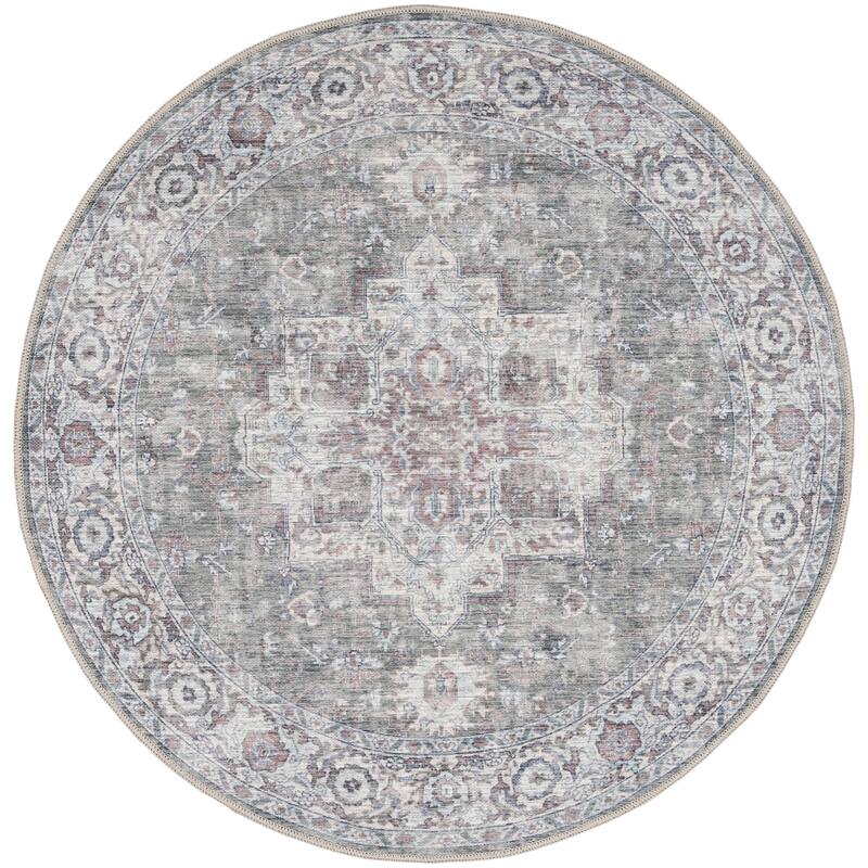 New Concept Washables Persian Boho Machine Washable Area Rug - 7'10" x Round - Ivory/Grey