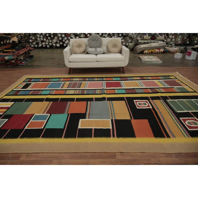 Hand Woven Oriental 100% Wool Carpet Southwestern Modern Multi-Colored Kilim Area Rug - 13' 4'' X 9' 3''
