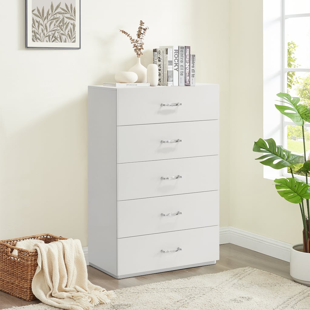Modern White 31.5-inch Width Simple Design Five Drawers Nightstand with Acrylic Drawer Handles