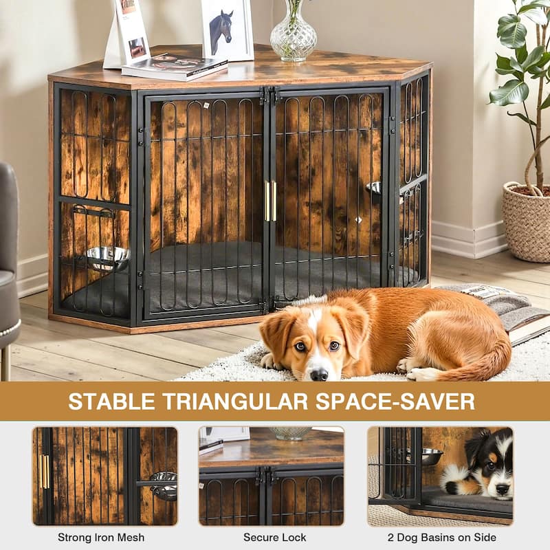 Corner Dog Crate Furniture, Wooden Dog Kennel Furniture End Table, Wood Pet House Dog Cage Crate