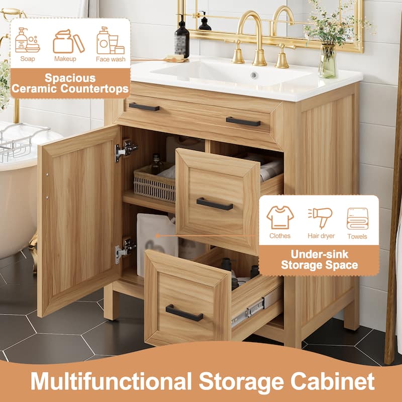 30" Wood Bathroom Vanity with Solid Wood Frame - 1 Soft-Close Door, 2 Soft-Close Drawers, Adjustable Shelf(Sink Not Included)