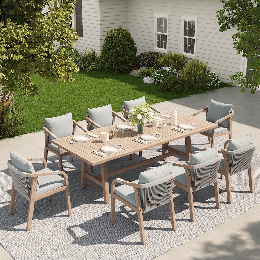 Outdoor Rope Dining Chair and Wood Dining Table Set of 9