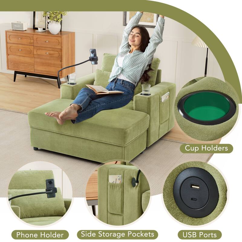 Anmytek Green 42.5 Inch Modern Chaise Lounge with Movable Storage Ottoman Dual USB Ports Phone Holder Side Pockets