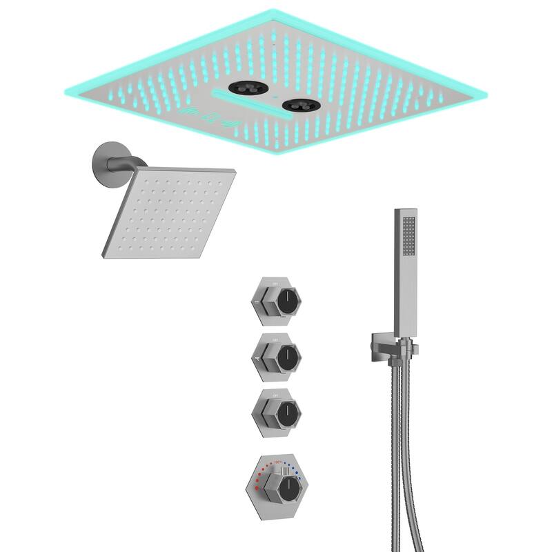 Thermostatic Music Shower System Dual Heads 16" & 6" Rainfall Waterfall LED Shower Head with High Pressure Handheld Spray