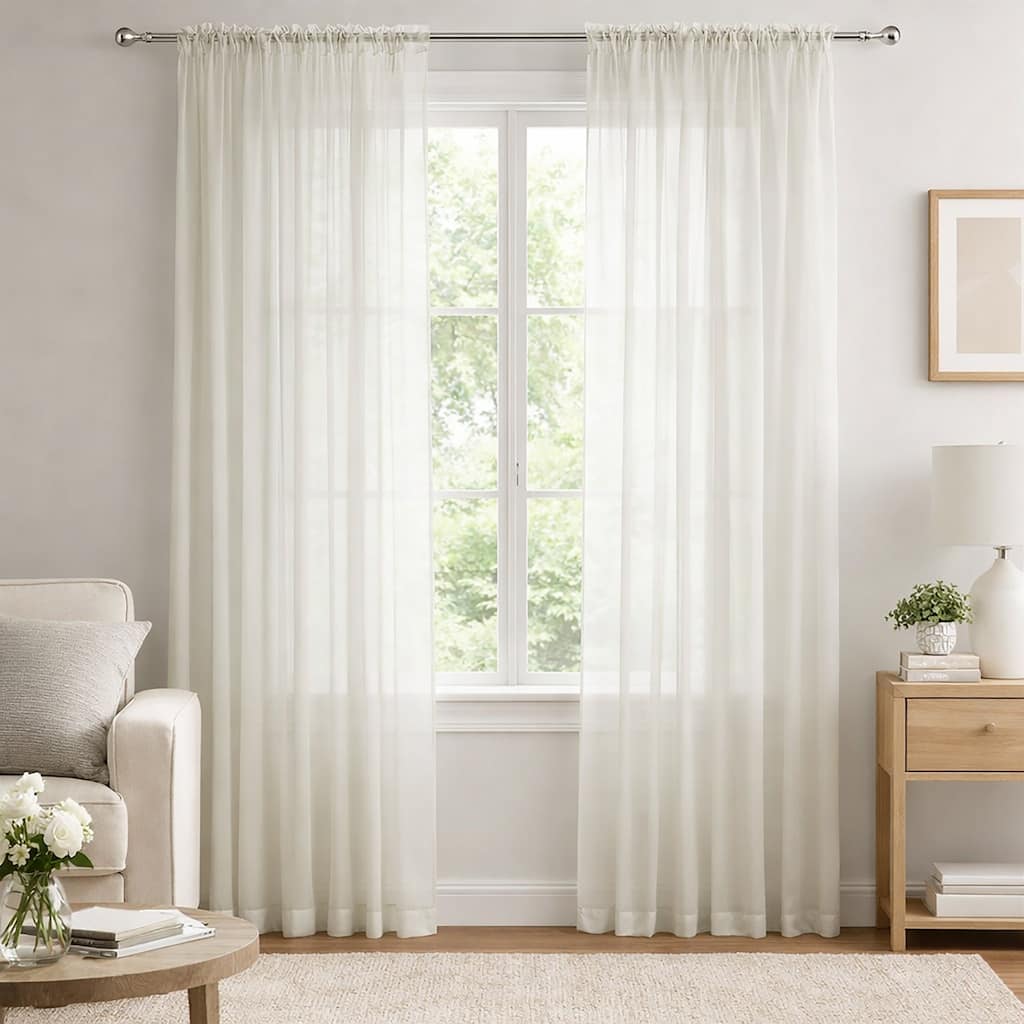 Beige Sheer Window Rod Pocket Curtain Set 90" Inches Long (2 Panels)
