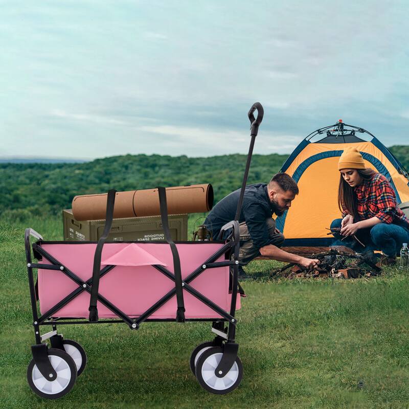 Collapsible Utility Wagon with Storage Straps - 225lb Capacity Foldable Cart, Pink