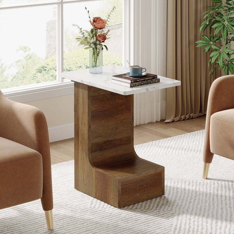 2-Tier C-Shaped Sofa Side Table, Bedside End Table with Faux Marble Tabletop, C Table for Sofa, Bedroom, Living Room - 1 PC