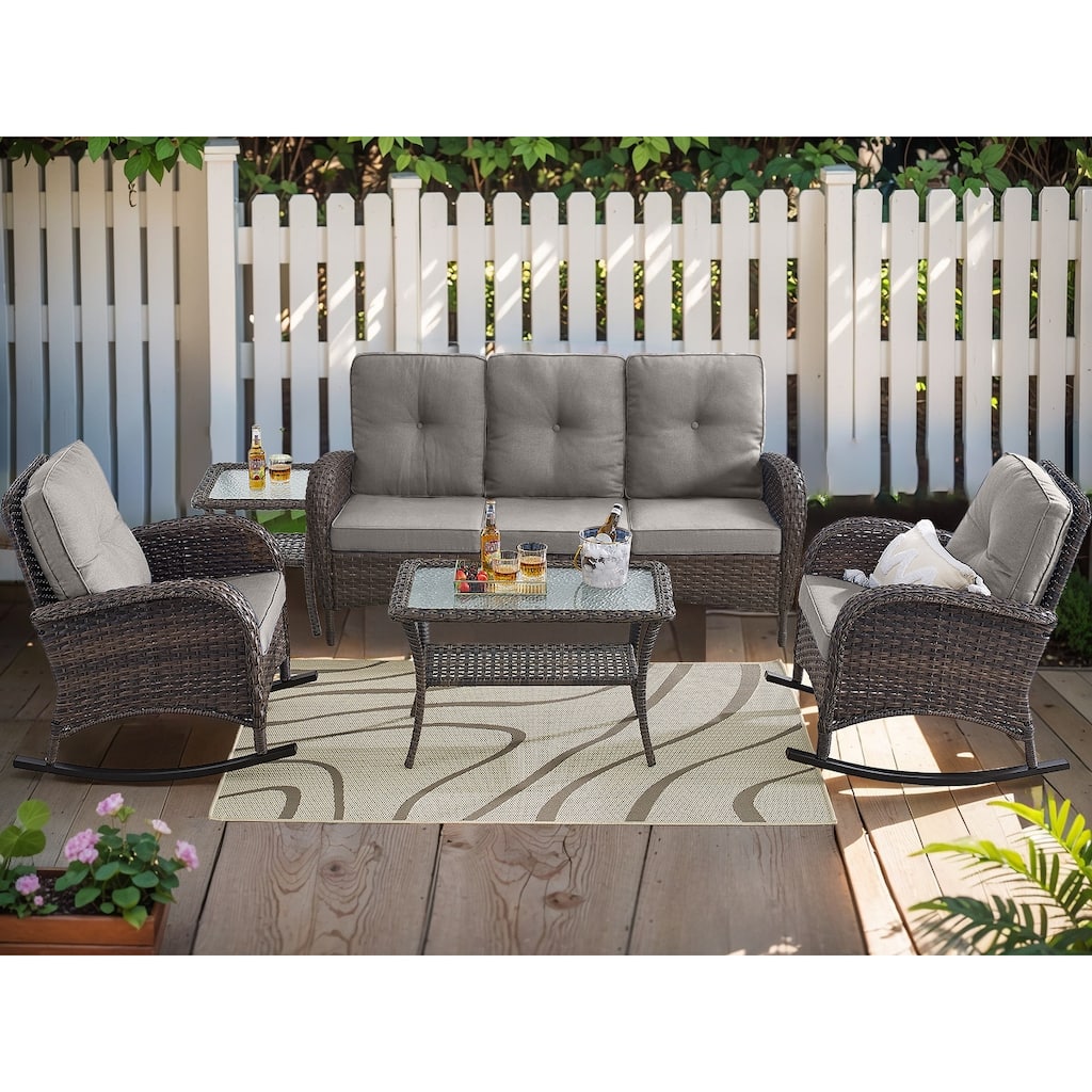 5 Pieces Rocker Chairs Patio Sofa Table Brown-Grey - Brown
