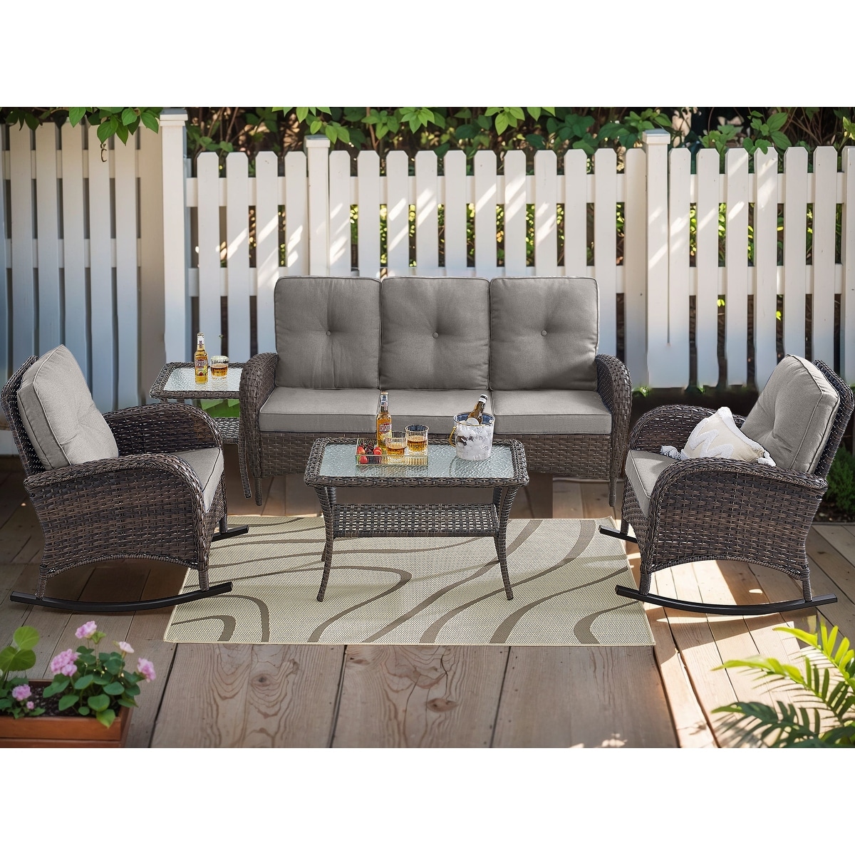 5 Pieces Rocker Chairs Patio Sofa Table Brown-Grey - Brown