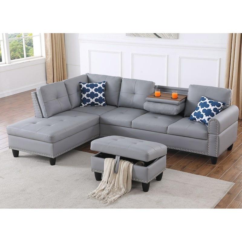 Wood Frame Faux Leather Storage Sectional Sofa with Ottoman & Cup Holders