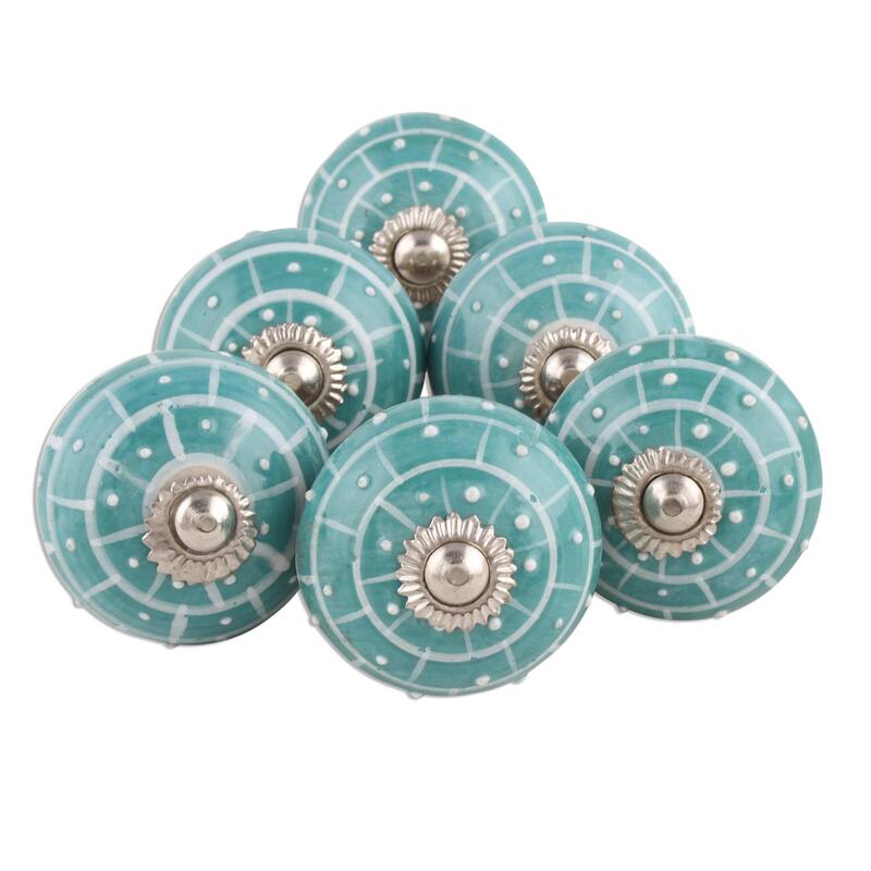 Novica Handmade Turquoise Layers Ceramic Knobs (Set Of 6)