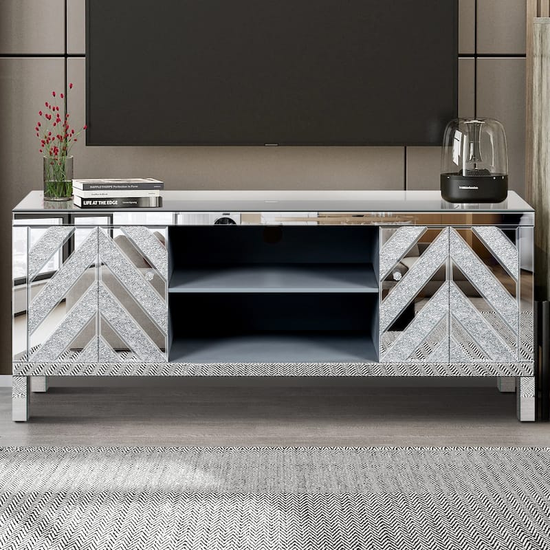 Silver 59" TV Stand with M-Shape Mirror Doors & Storage for TVs Up to 65"