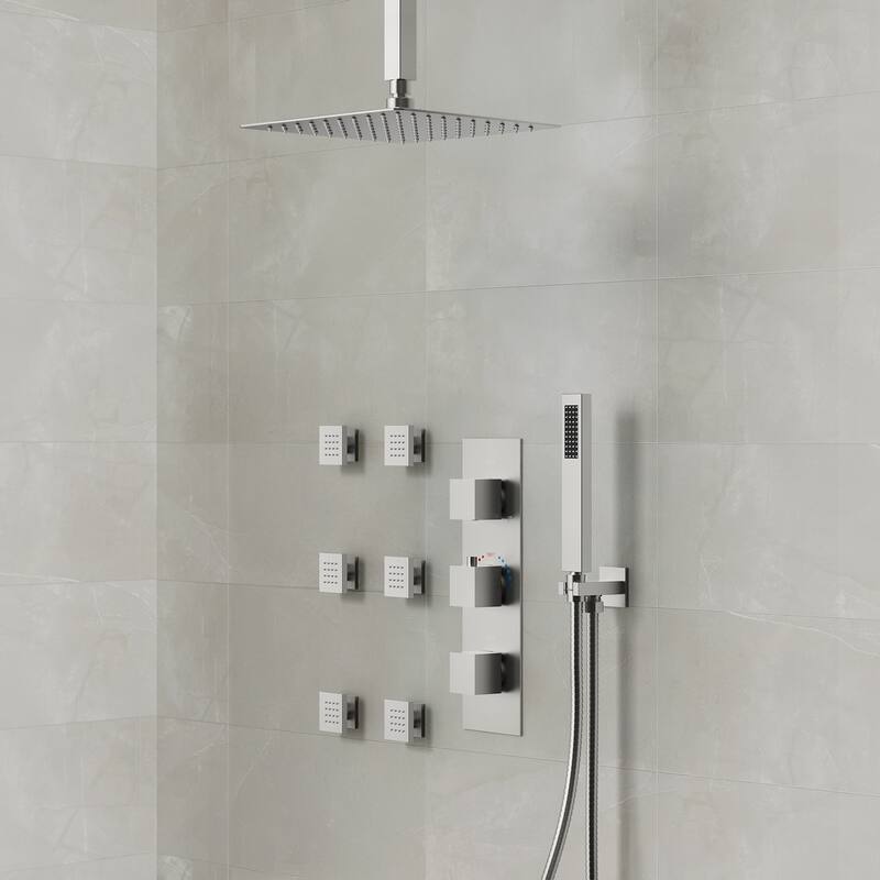 Thermostatic Shower System 12" Rain Shower Head with High Pressure Handheld Spray - Brushed Nickel
