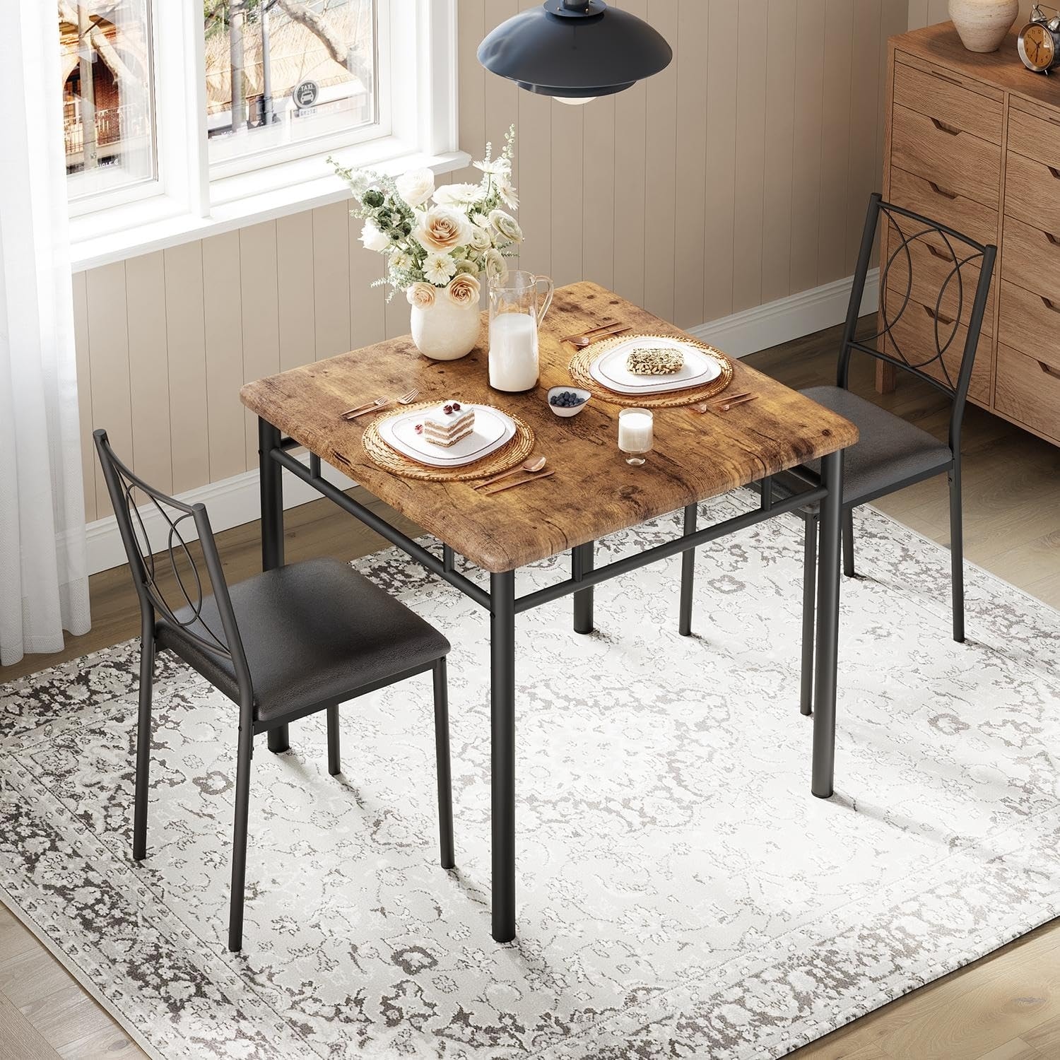 3 Piece Dining Table Set for 2 with 2 Upholstered Chairs, Space-Saving Farmhouse Kitchen Set