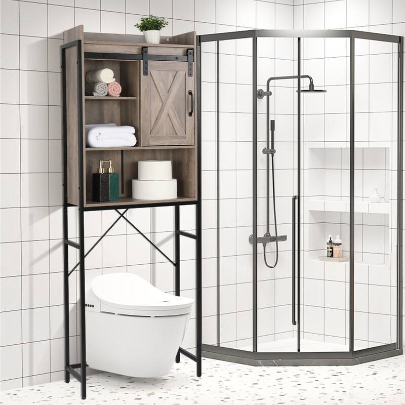 MDF With Triamine Iron Frame Sliding Door Three-Layer Rack Bathroom Cabinet - Grey