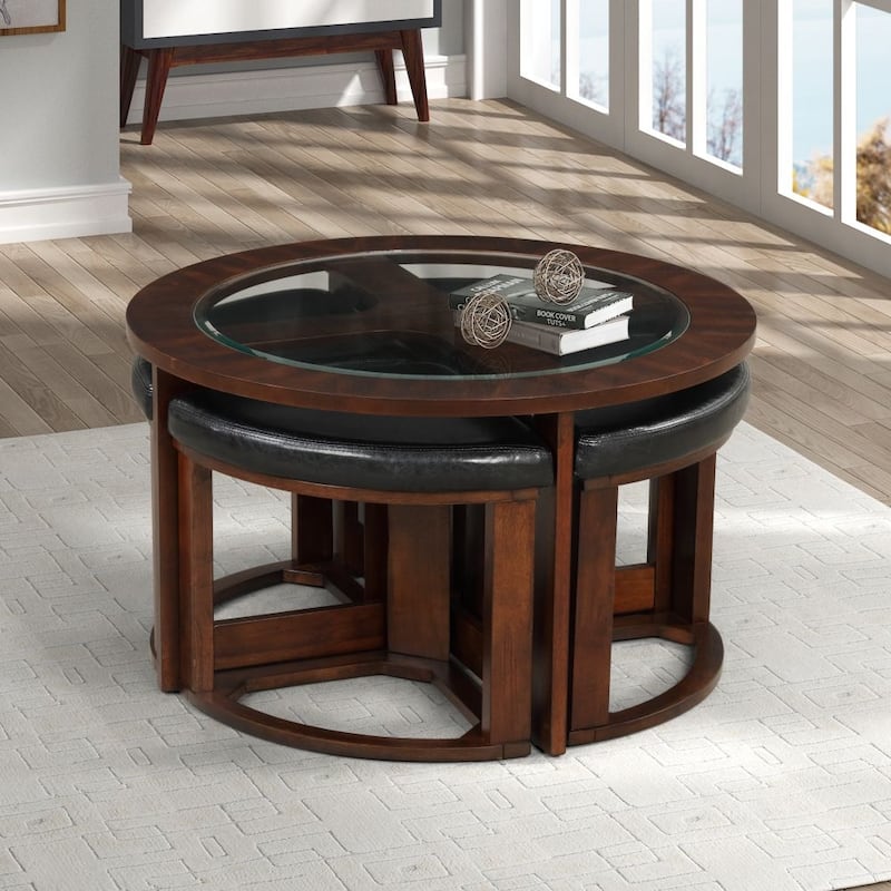 Solid Wood Glass Top Round Coffee Table Set
