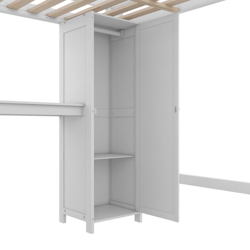 Full Size Pine Wood Loft Bed with Cabinet and Bookshelf, Wardrobe and Desk for Kids
